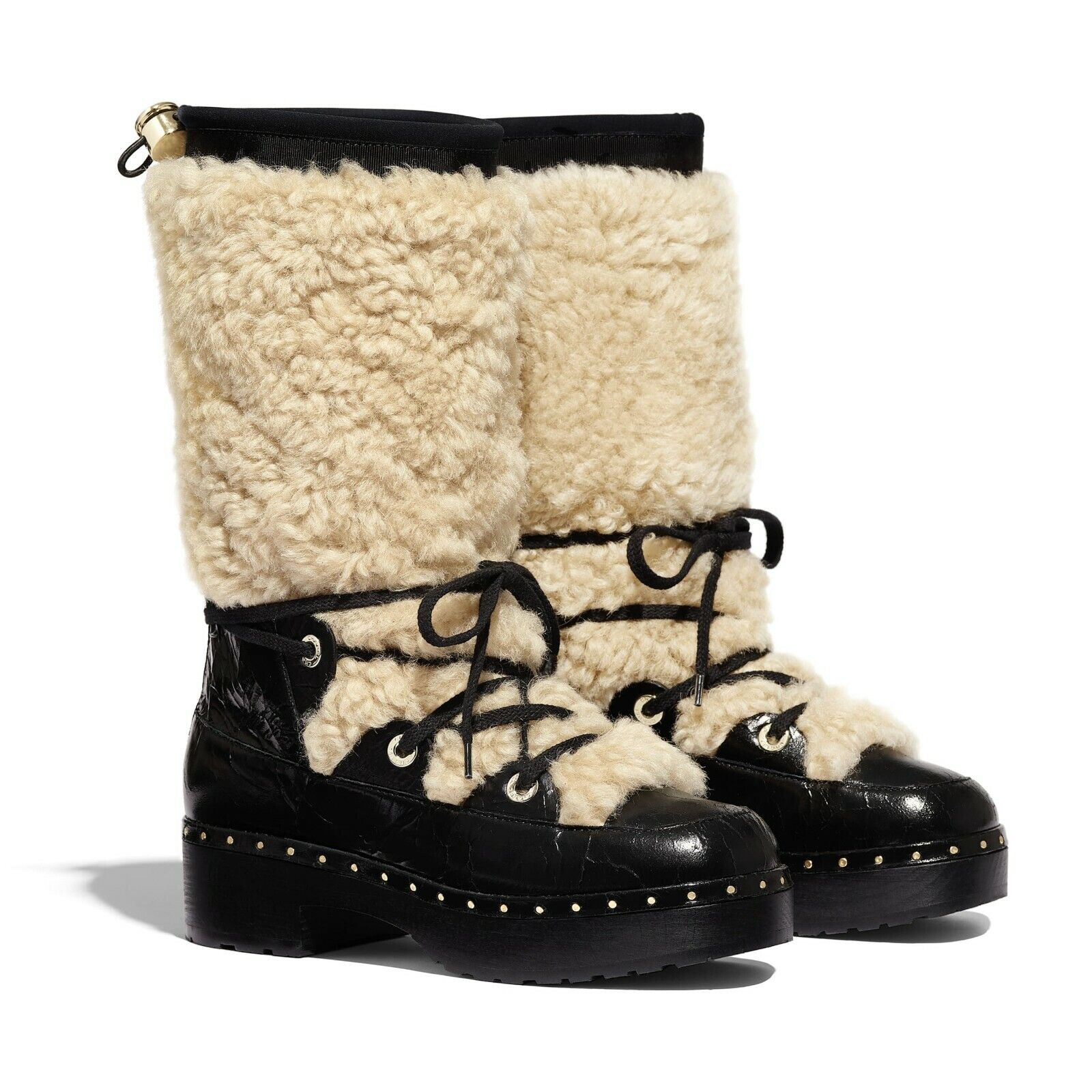 Fuld vaskepulver voksen NIB CHANEL 19K Black &amp; Beige Shearling Crackled Sheepskin High Boots 35  / 4.5 | eBay