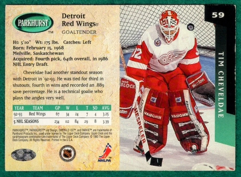Tim Cheveldae - 1993-94 Parkhurst #59 - Detroit Red Wings Hockey Card - Image 3 of 3