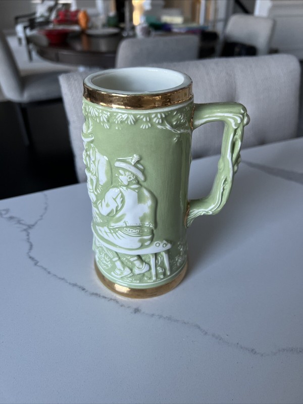 Vintage 1970 Hobbyists Beer Stein Glaze Mug Germany Signed Green & Gold 6.25”