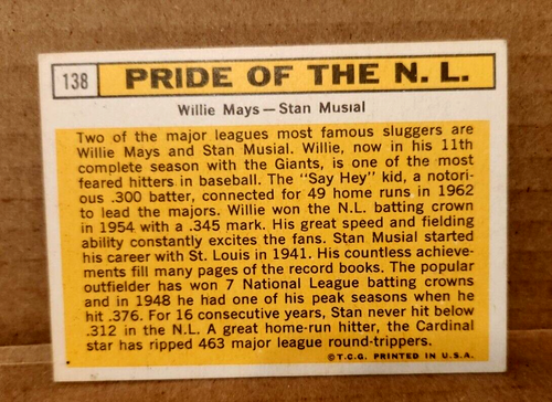 1963 Topps Stan Musial Willie Mays #138 - Centered NrMt Condition - Picture 2 of 2