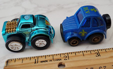 MC Toy Pullback Car Lot 2 Toy Mini Blue Friction Pops Wheelie Vintage Plastic