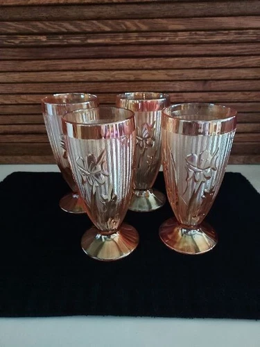 4 PRISTINE VINTAGE JEANNETTE DEPRESSION GLASS-IRIS IRIDESCENT FOOTED 8ozTUMBLERS
