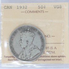 1932 Canada Silver 50 Cents ICCS VG8 - Key Date