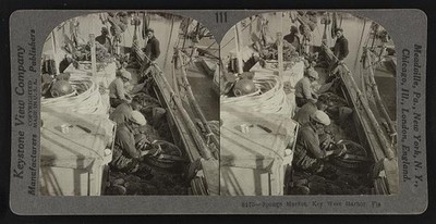 Photo:Key West Harbor Florida 1920s Sponge Market Boat Workers stereoview