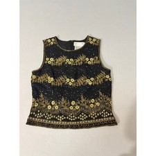 Vintage Papell Boutique Evening Women Silk Tank Top M Black Gold Beaded Sequin