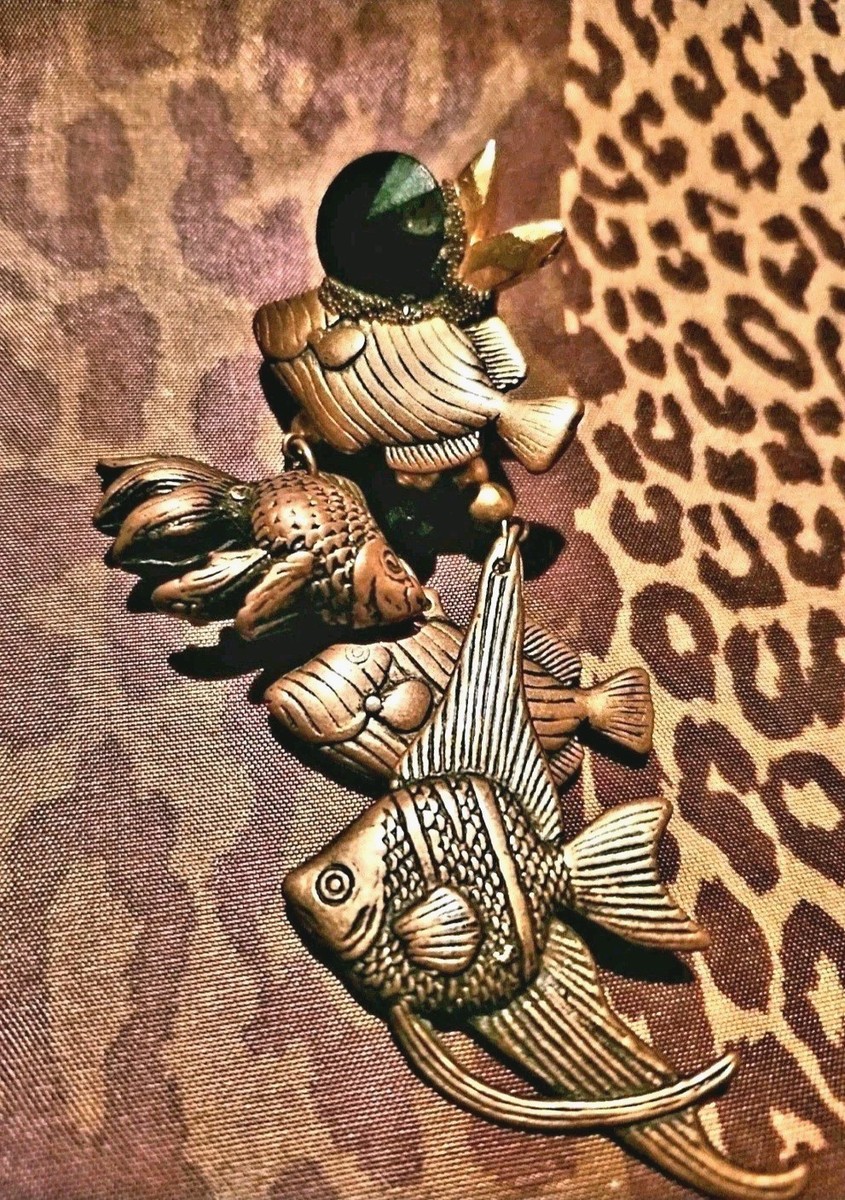 Vintage 80's OOAK Artisan Bold Hand Crafted Dramatic Oversized Fish Earrings View 2