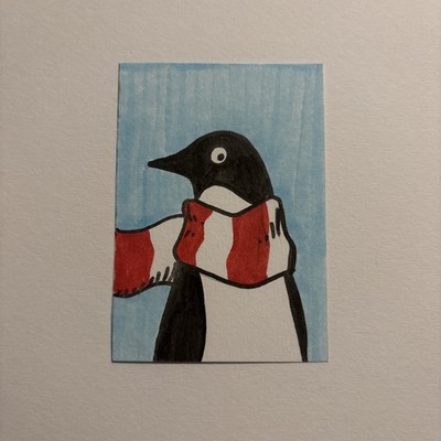 Original ACEO Funny Penguin Copic  marker original ATC ART