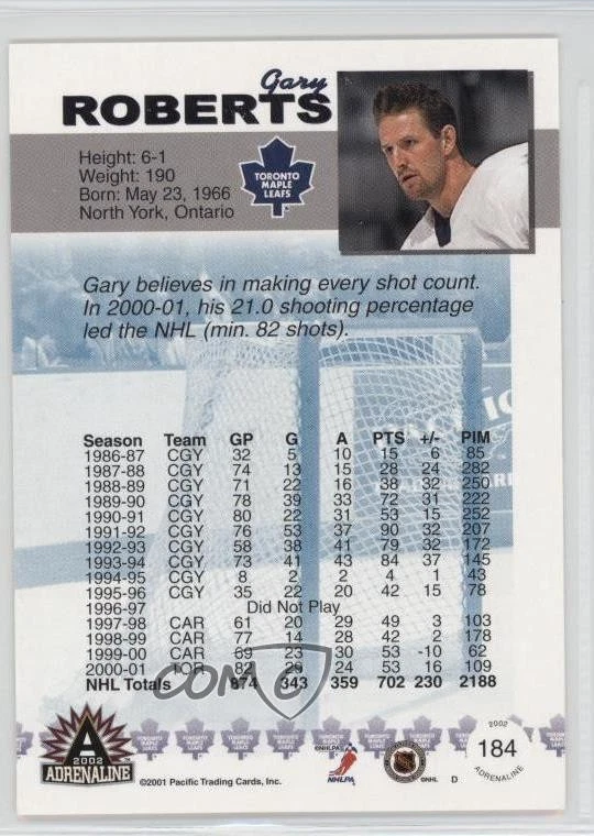 2001-02 Pacific Adrenaline Gary Roberts #184 - Image 2 of 2