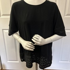 Cuddl Duds Size Large Black Flexwear Eyelet Crew Neck Short Sleeve Shirt EUC