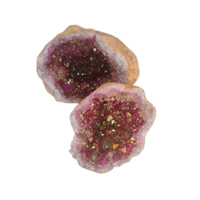 Geteilte ganze Quarz Geode mit gefärbten Mauve & Gold Kristallen Steinen Felsen Marokko AA