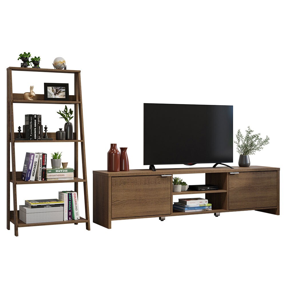 With Storage 80" + Ladder Shelf Standing Bookcase - Rustic