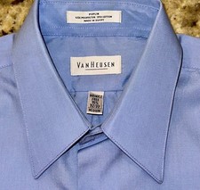 VAN HEUSEN Men  s Blue Long Sleeve Regular Fit Wrinkle Free Shirt Size 15.5x32/33