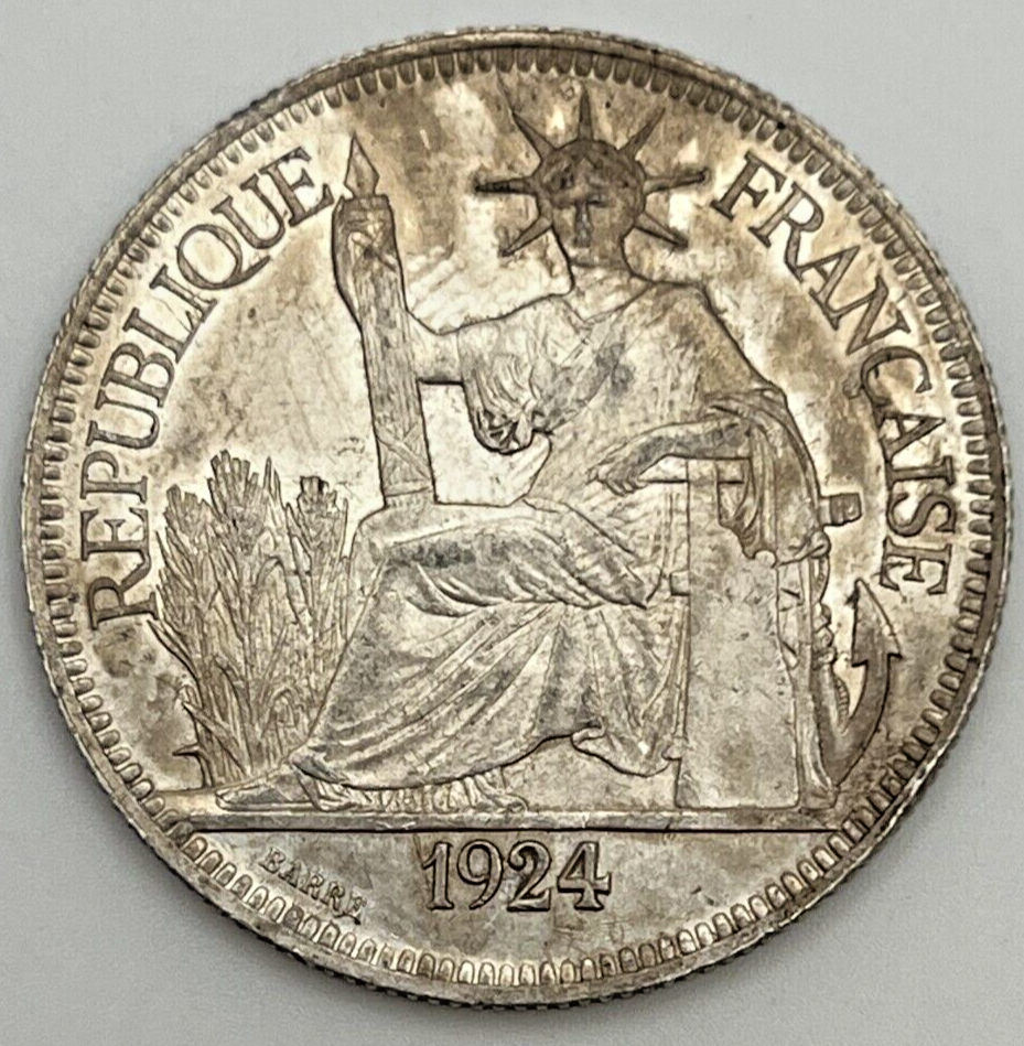 1924 French Indochina 1 Piastre Silver .900 KM#5a.1 CH Choice AU