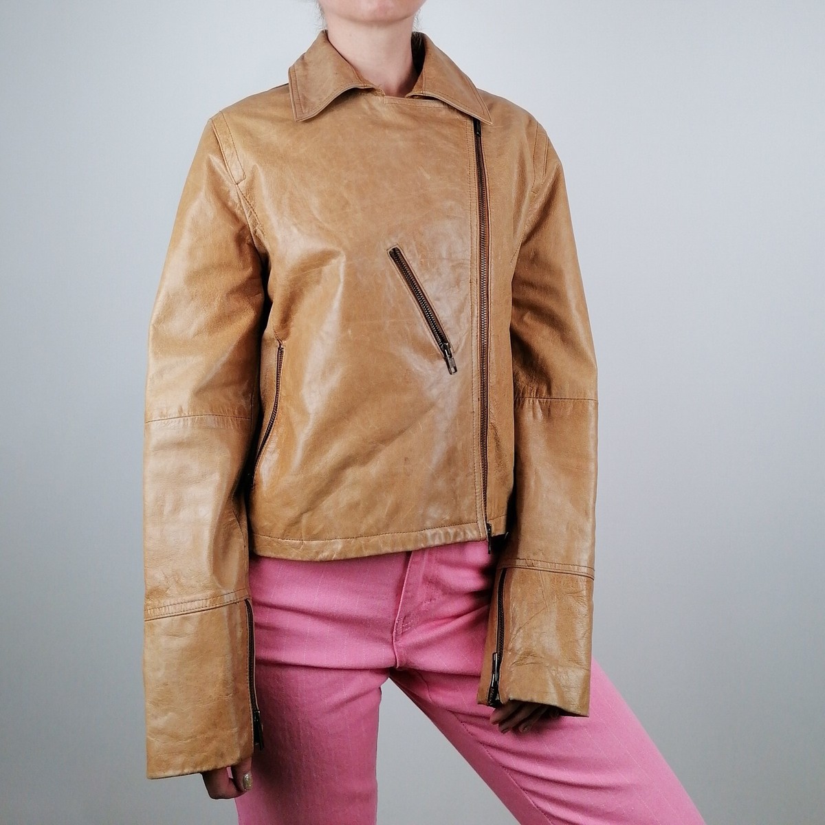 STEFANEL Vintage Y2K Leather Jacket Tan Camel Zippers Moto