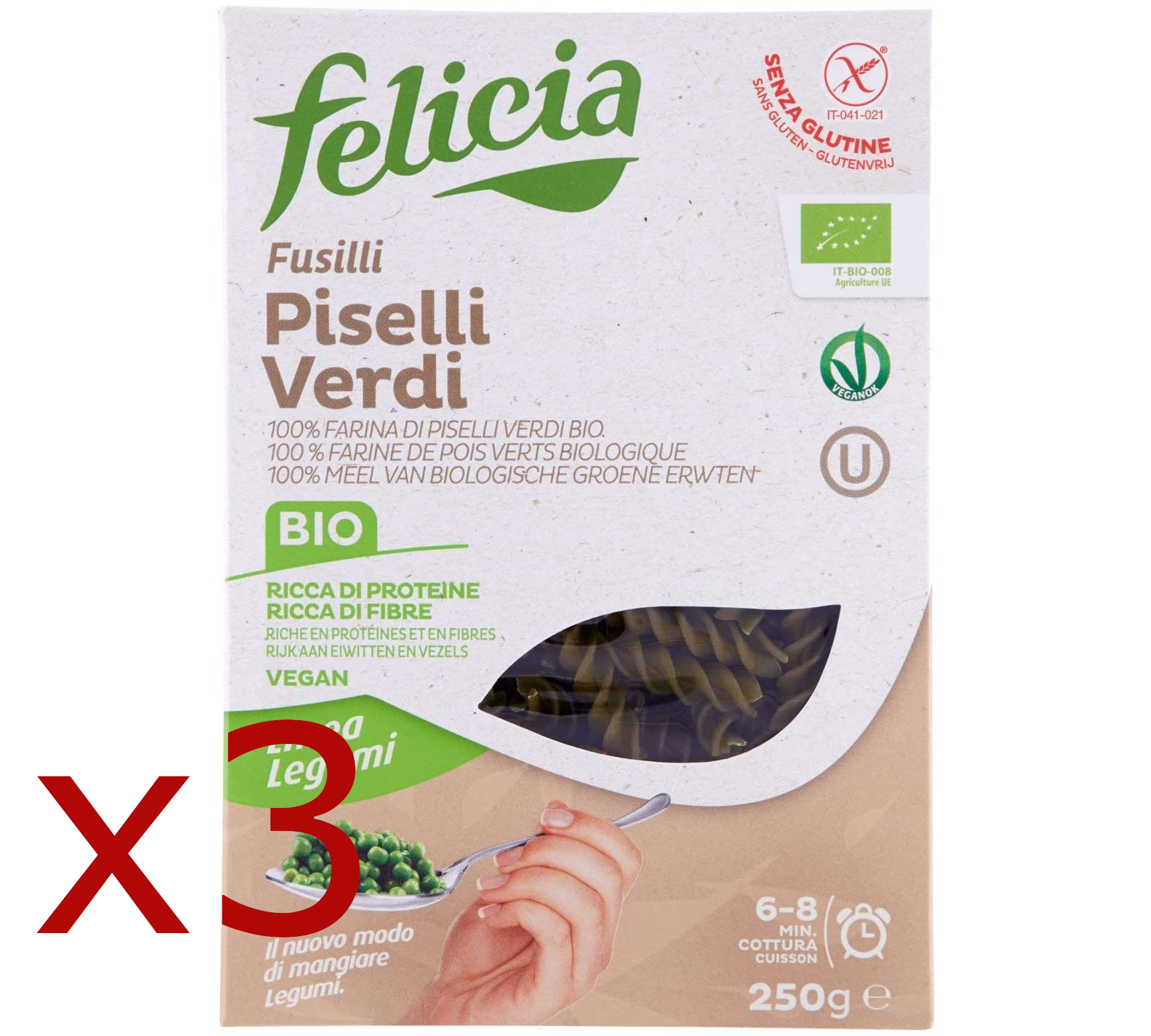 3x Felicia Fusilli Pasta With Flour Pea Green Bio Gluten Free Vegan