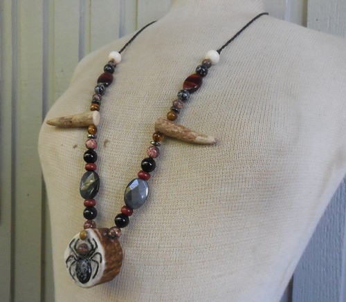 Obsidian Jasper Spider Antler Pill Box Stash Necklace Antler Tips Gemstone Beads - Picture 7 of 14