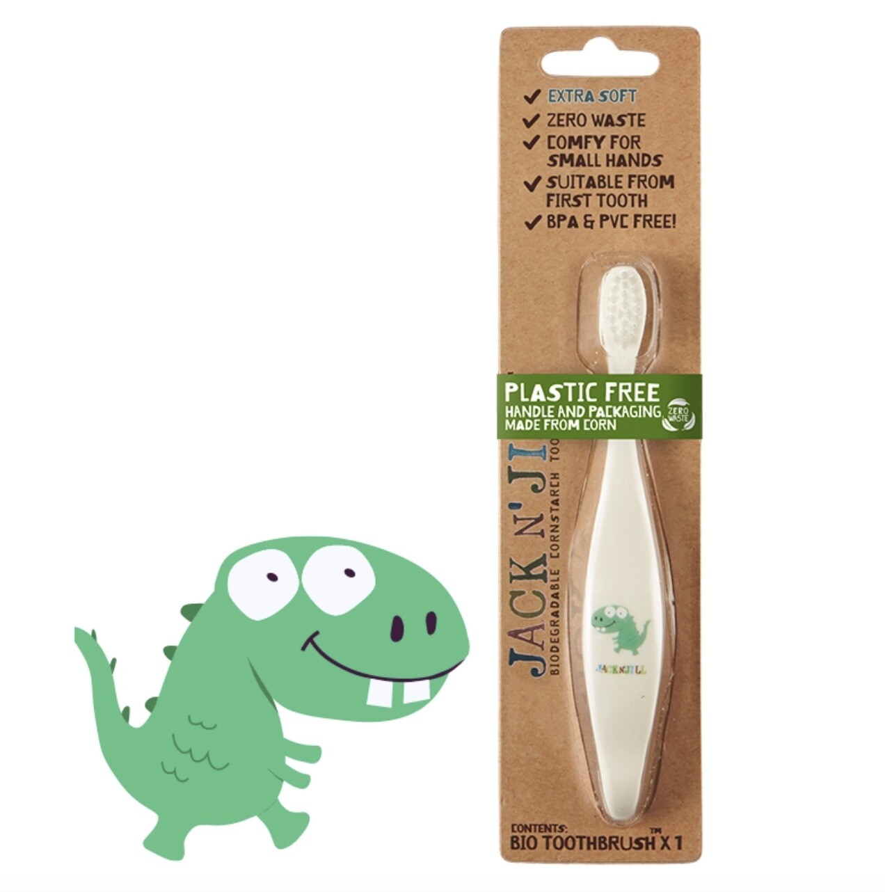 Jack n' Jill Natural Oral Care for Babies & Kids Dino Bio Toothbrush with Com...