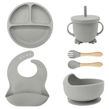 Grau 7 Stück Silikon Baby Fütterungsset - Schüssel, Löffel, Gabel, Tasse, Schale & Lätzchen
