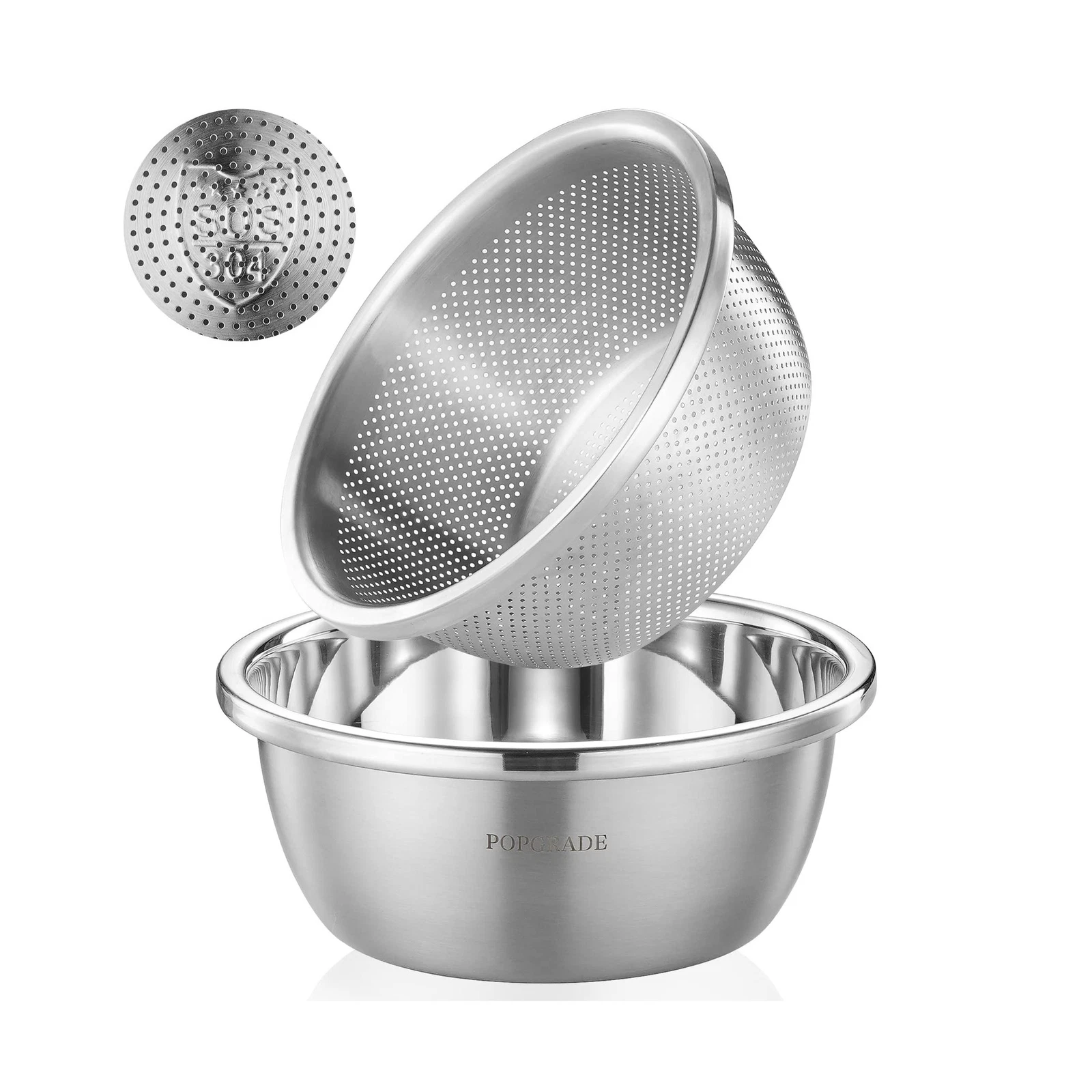 304 Stainless Steel Colander Bowl Set, 2-Qt Rice Washing Bowl Colander Food S...