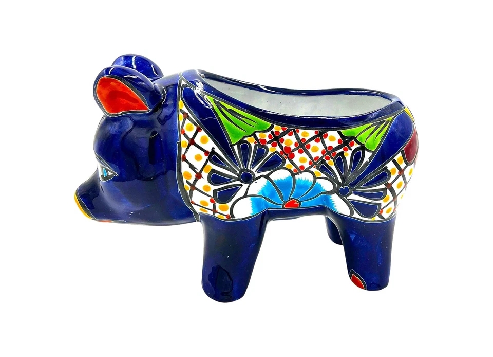 Maceta Mexicana Talavera Piggy Pintada a Mano - Borde Azul Oscuro Foto 2 de 4