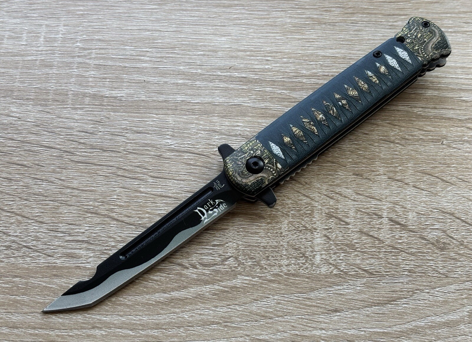 Full Size Pocket Knife Spring Assist Katana Samurai Style Blood Groove Black