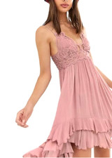 NWT FREE PEOPLE Adella Mini Slip Dress LARGE Lace Tiered Smocked Strappy ROSE