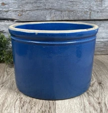Antique Salt Glazed Blue Crock Stoneware Pottery 5” H, 7.25” Diameter