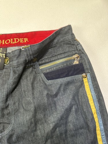Crown Holder Dark Denim Mens 34x34 Embellished Embroidered Leather Accents Jeans - Picture 7 of 10