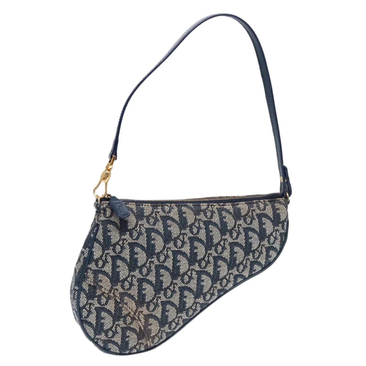Pochette accessoire selle toile trotteur Christian Dior bleu marine or authentique 15197