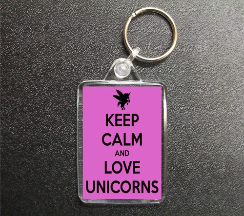 KEEP CALM AND LOVE UNICORNS PINK KEYRING BAG TAG FOB GIFT
