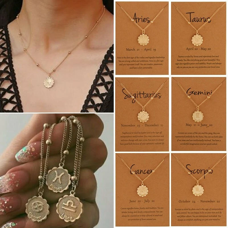 12 Constellations Sign Gold Plated Pendant Necklace Choker Chain Women Party