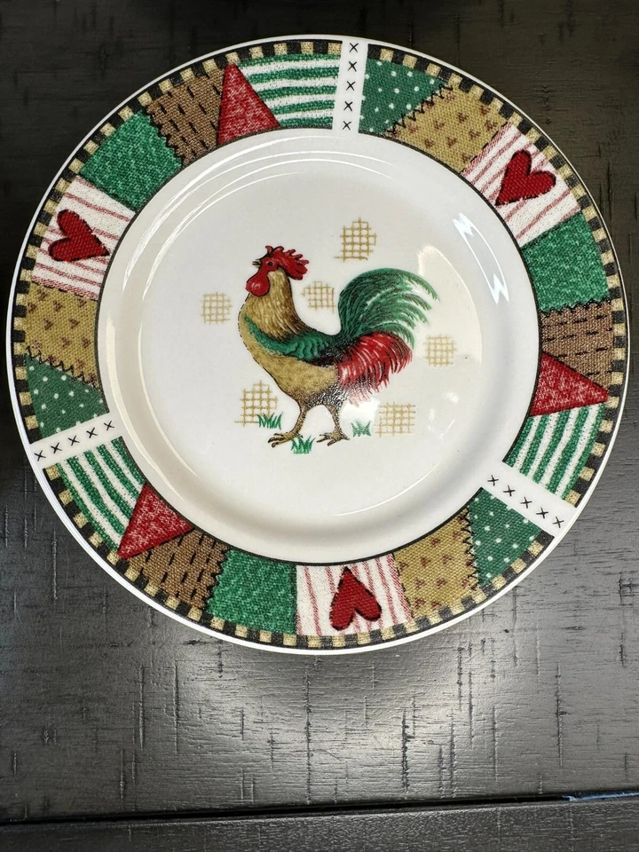 Vintage Rooster Patchwork Dinner Plates Set of 6 - Farmhouse Decor - Image 2 of 4