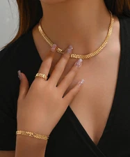 Womens Necklace Bracelet Ring Set 18k Gold Plated Stainless Steel Chain Jewelry