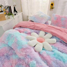 Purple Rainbow Faux Fur Comforter Set for Kids - 3PC Twin/Full Bedding