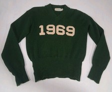 Vintage 60s 1969 Varsity Collegiate Unisex Small Wool Sweater Forest Green Knit