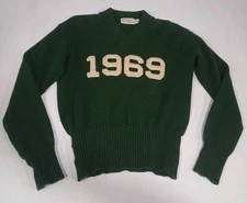 Vintage 60s 1969 Varsity Collegiate Unisex Small Wool Sweater Forest Green Knit