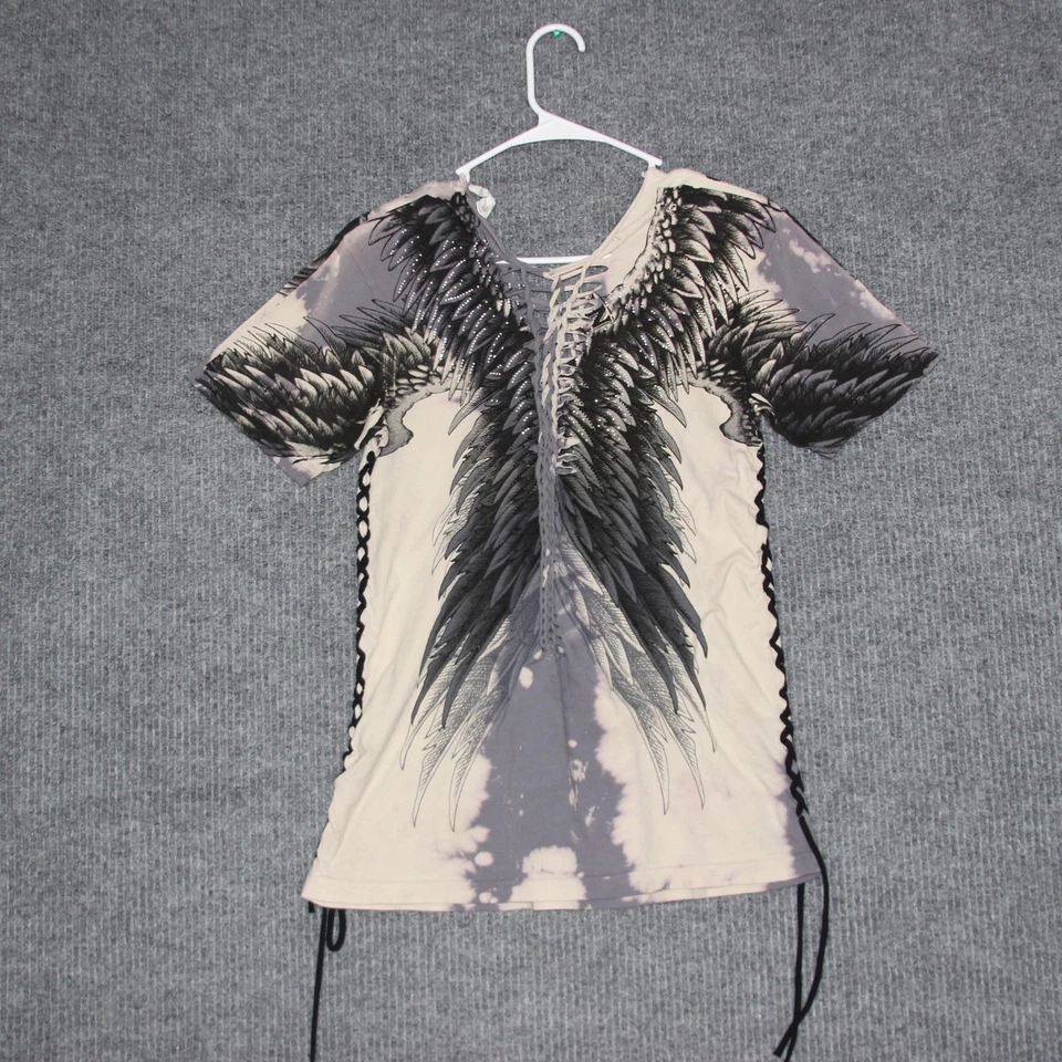 Camiseta gráfica de manga corta Affliction para mujer S con cordones laterales alas calavera Y2K Foto 3 de 4