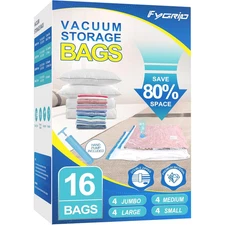 16 Pack Vacuum Storage Bags 4Jumbo 4Large 4Medium 4Small with Hand Pump Space Sa