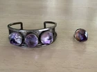 Vintage Modernist Sterling Silver Amethyst Cuff Bracelet and Ring Set
