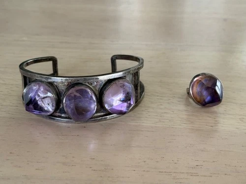 Vintage Modernist Sterling Silver Amethyst Cuff Bracelet and Ring Set