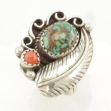 Native American Spiderweb Turquoise Coral Feather Sterling Silver Ring  Size 6.5