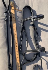 Bobbys English Tack Dressage Horse Bridle, Nantucket Bling Browband, Laced Reins