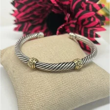 David Yurman Sterling Silver & 14k Gold Station 5mm Cable Cuff Bangle 6