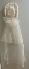 VTG 80s Ivory Lace Bridal Hat Tulle Veil Wedding Headpiece Retro Bachelorette Sm
