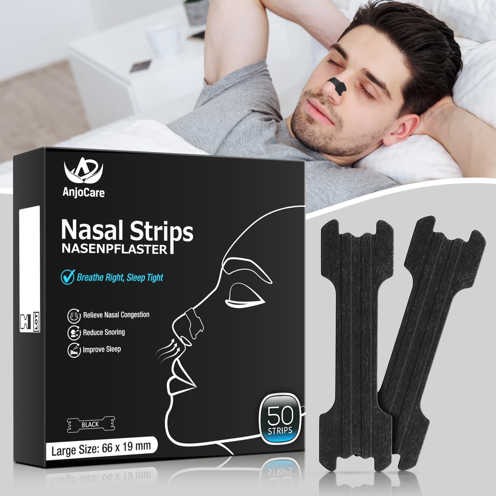 AnjoCare 50pcs Nasal Strips, Extra Strength Nose Strips to Stop Snoring Black