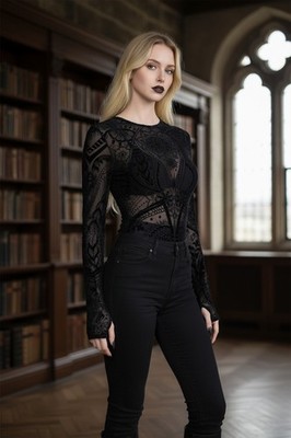 Gothic Langarmshirt Schwarz Burnout Optik Mesh Top Grunge Tattoo Print Style