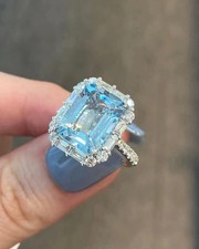 4.01 Ct Emerald Cut Natural Aquamarine Diamond Ring 14K Solid White Gold