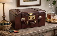Vintage Leather Storage Box Brown Brass Buckle 34cm Decorative Trunk Chest