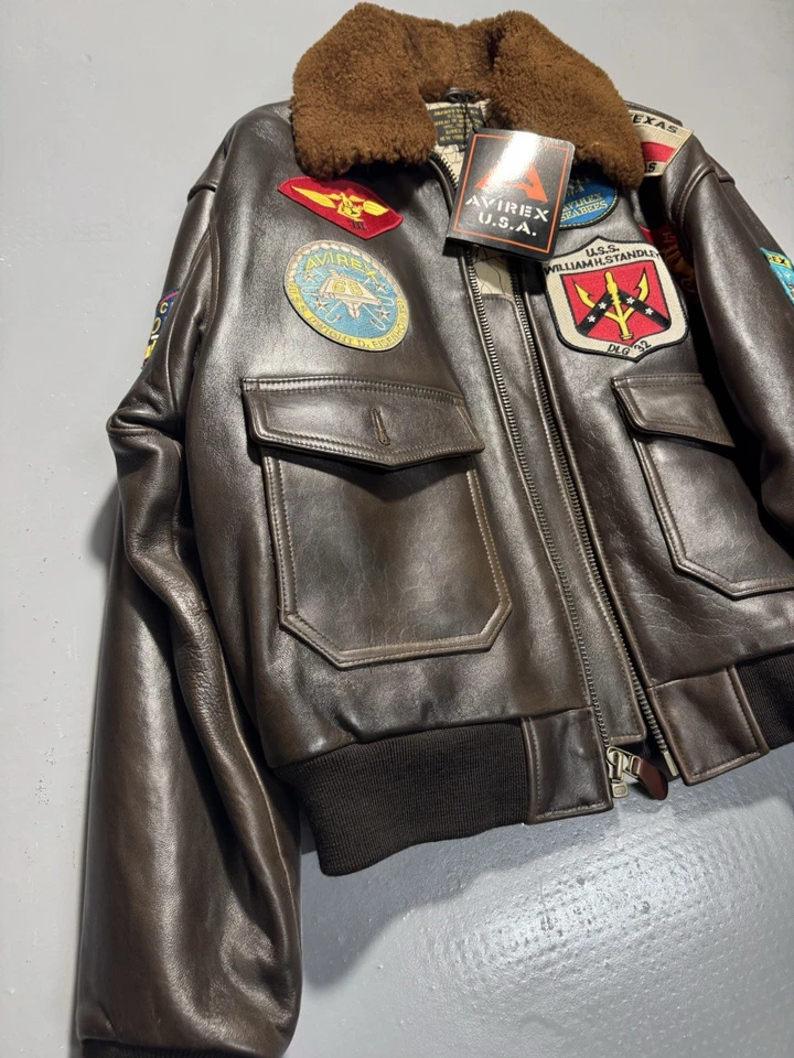 Avirex USA “Top Gun” Leather Bomber Jacket – Brown Shearling Collar - Imagen 2 de 4