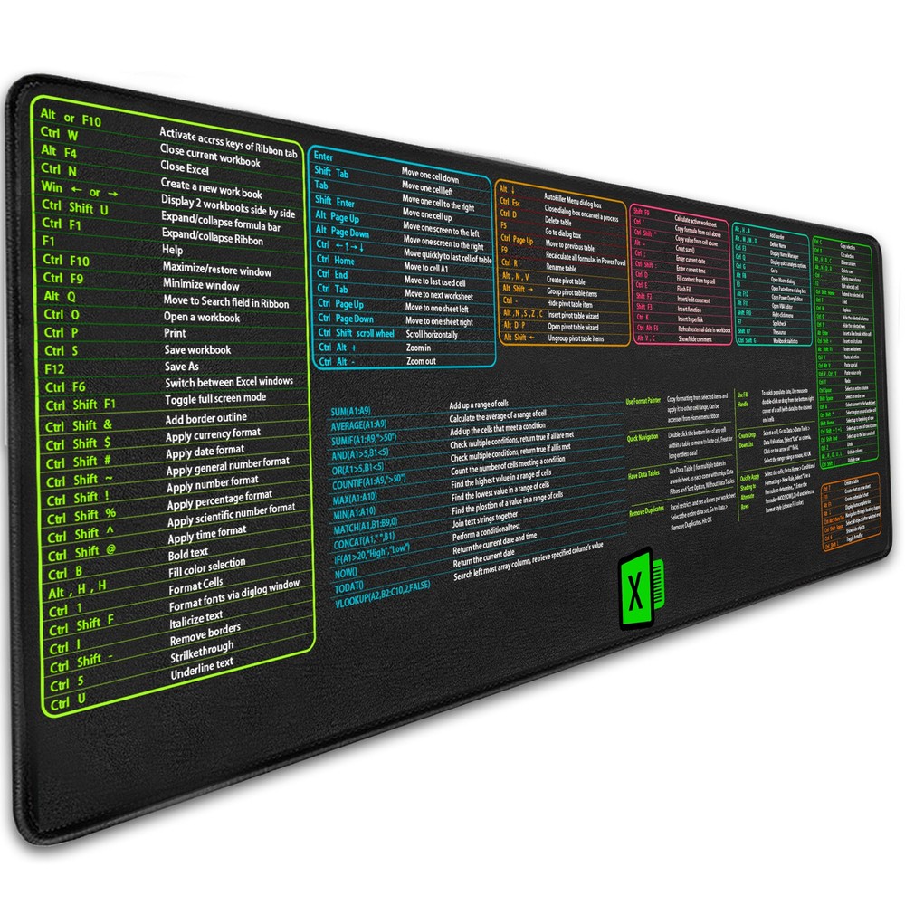 Large Excel Cheat Sheet Desk Pad 31.49 X 11.81 Cheat Table Gaming Mousepad o